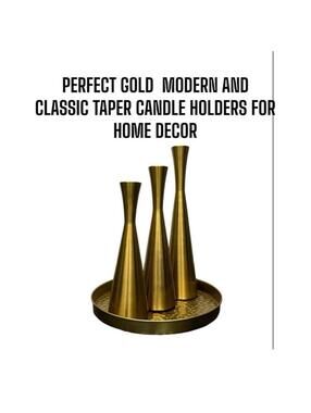 Set of 3 Gold Metal Candlestick Holders with Tray, Decorative Candle Display